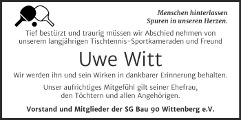 Traueranzeige von Uwe Witt von Super Sonntag Wittenberg