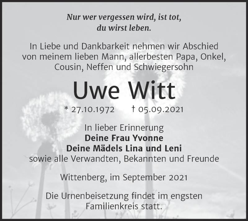  Traueranzeige für Uwe Witt vom 11.09.2021 aus Trauerkombi Wittenberg