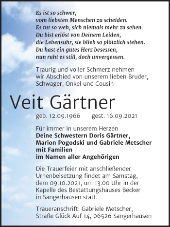 Traueranzeige von Veit Gärtner von Trauerkombi Sangerhausen