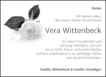 Traueranzeige von Vera Wittenbeck von Trauerkombi Aschersleben