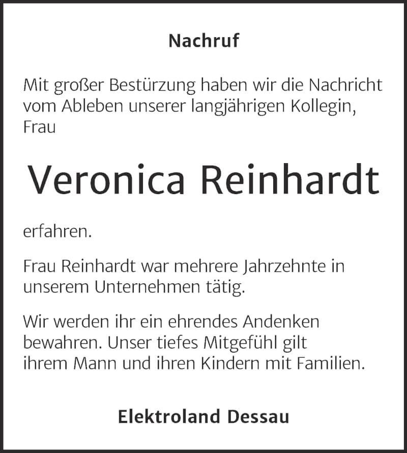  Traueranzeige für Veronica Reinhardt vom 18.09.2021 aus Super Sonntag Dessau-Roßlau
