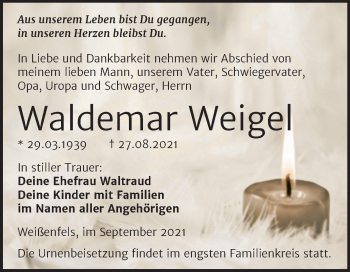 Traueranzeige von Waldemar Weigel von Trauerkombi Weißenfels