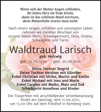 Traueranzeige von Waldtraud Larisch von Trauerkombi Wittenberg