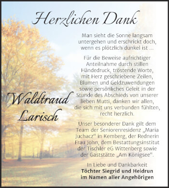 Traueranzeige von Waldtraud Larisch von Trauerkombi Wittenberg