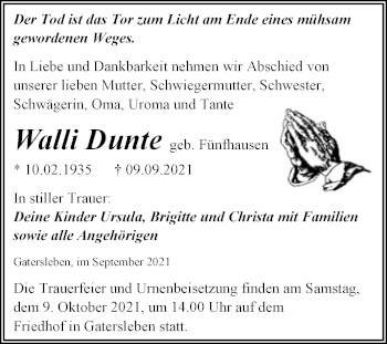 Traueranzeige von Walli Dunte von Trauerkombi Aschersleben