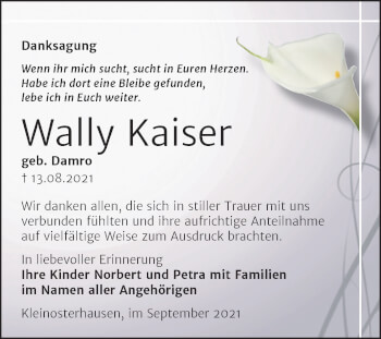 Traueranzeige von Wally Kaiser von Trauerkombi Mansfelder Land