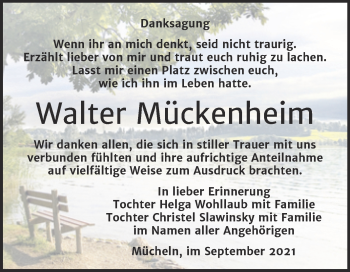 Traueranzeige von Walter Mückenheim von Trauerkombi Merseburg