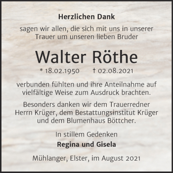 Traueranzeige von Walter Röthe von Trauerkombi Wittenberg