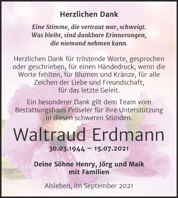 Traueranzeige von Waltraud Erdmann von Trauerkombi Bernburg