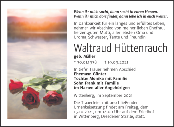 Traueranzeige von Waltraud Hüttenrauch von Trauerkombi Wittenberg