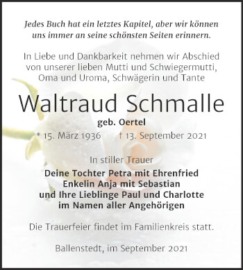 Traueranzeige von Waltraud Schmalle von Trauerkombi Quedlinburg