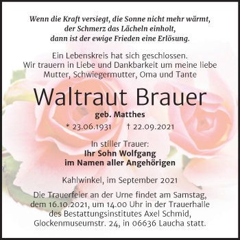 Traueranzeige von Waltraut Brauer von Wochenspiegel Naumburg/Nebra