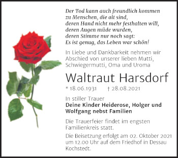 Traueranzeige von Waltraut Harsdorf von Trauerkombi Dessau