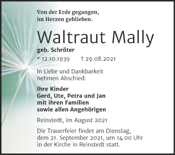 Traueranzeige von Waltraut Mally von Trauerkombi Quedlinburg