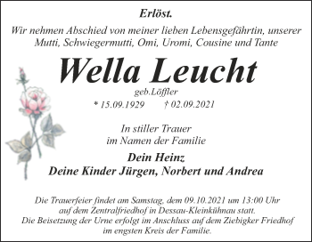 Traueranzeige von Wella Leucht von Trauerkombi Dessau
