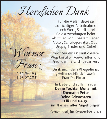 Traueranzeige von Werner Franz von Trauerkombi Bitterfeld
