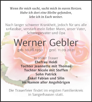 Traueranzeige von Werner Gebler von Trauerkombi Sangerhausen