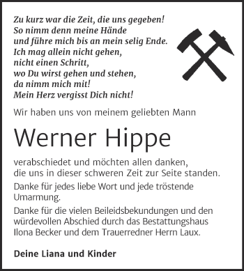 Traueranzeige von Werner Hippe von Trauerkombi Sangerhausen
