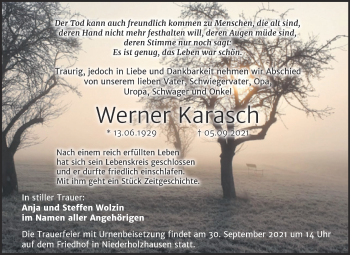 Traueranzeige von Werner Karasch von Wochenspiegel Naumburg/Nebra