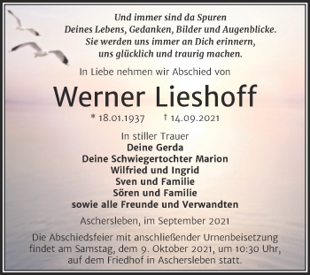Traueranzeige von Werner Lieshoff von Trauerkombi Aschersleben