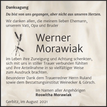 Traueranzeige von Werner Morawiak von Trauerkombi Bernburg