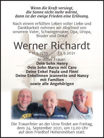 Traueranzeige von Werner Richardt von Trauerkombi Weißenfels