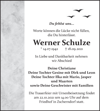 Traueranzeige von Werner Schulze von Trauerkombi Bitterfeld