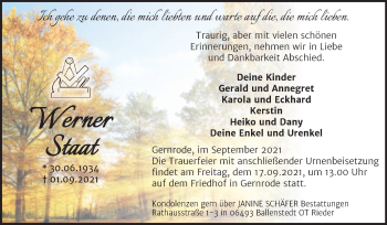 Traueranzeige von Werner Staat von Trauerkombi Quedlinburg