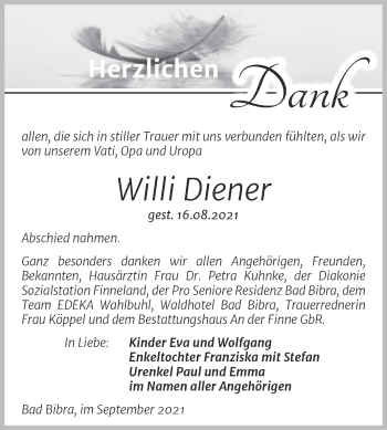Traueranzeige von Willi Diener von Naumburger Tageblatt
