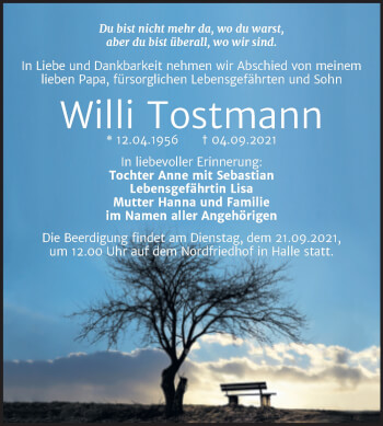 Traueranzeige von Willi Tostmann von Mitteldeutsche Zeitung Halle/Saalkreis