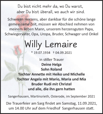 Traueranzeige von Willy Lemaire von Mitteldeutsche Zeitung Sangerhausen