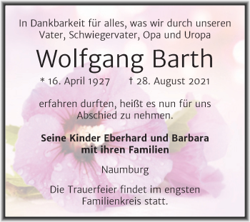 Traueranzeige von Wolfgang Barth von Naumburger Tageblatt