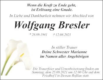 Traueranzeige von Wolfgang Bresler von Trauerkombi Dessau