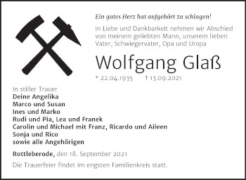 Traueranzeige von Wolfgang Glaß von Mitteldeutsche Zeitung Sangerhausen
