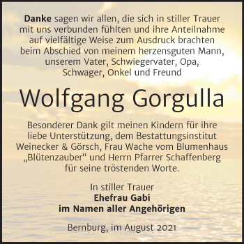 Traueranzeige von Wolfgang Gorgulla von Trauerkombi Bernburg