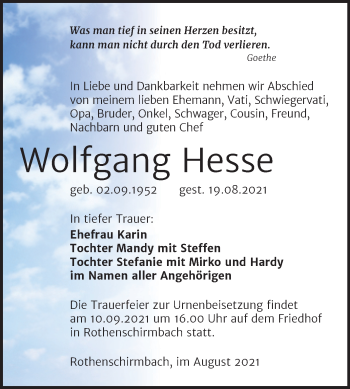 Traueranzeige von Wolfgang Hesse von Trauerkombi Mansfelder Land