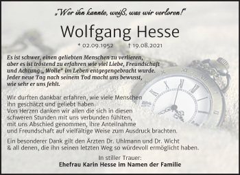Traueranzeige von Wolfgang Hesse von Trauerkombi Mansfelder Land