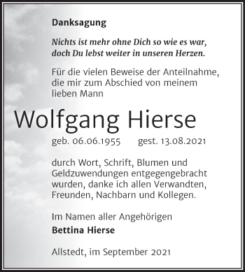 Traueranzeige von Wolfgang Hierse von Trauerkombi Sangerhausen