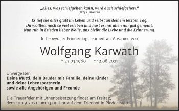 Traueranzeige von Wolfgang Karwath von Trauerkombi Bitterfeld