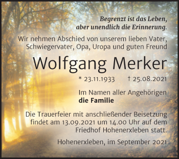 Traueranzeige von Wolfgang Merker von Trauerkombi Bernburg