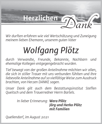 Traueranzeige von Wolfgang Plötz von Trauerkombi Köthen
