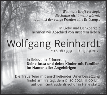 Traueranzeige von Wolfgang Reinhardt von Mitteldeutsche Zeitung Halle/Saalkreis