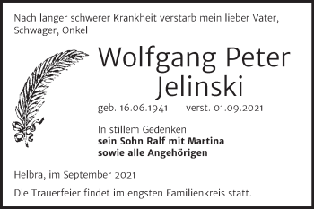 Traueranzeige von Wolfgang Peter Jelinski von Trauerkombi Mansfelder Land