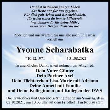 Traueranzeige von Yvonne Scharabatka von Trauerkombi Dessau