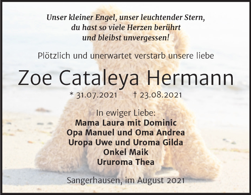  Traueranzeige für Zoe Cataleya Hermann vom 03.09.2021 aus Trauerkombi Sangerhausen