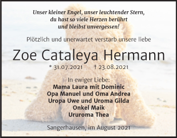 Traueranzeige von Zoe Cataleya Hermann von Trauerkombi Sangerhausen