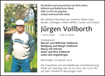 Traueranzeige von Jürgen Vollborth von Trauerkombi Sangerhausen