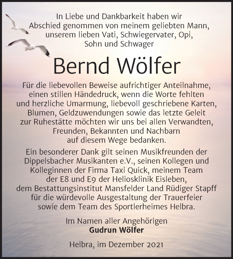  Traueranzeige für Bernd Wölfer vom 08.01.2022 aus Trauerkombi Mansfelder Land