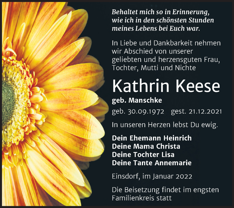 Traueranzeige für Kathrin Keese vom 08.01.2022 aus Trauerkombi Sangerhausen
