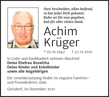 Traueranzeige von Achim Krüger von Super Sonntag Wittenberg